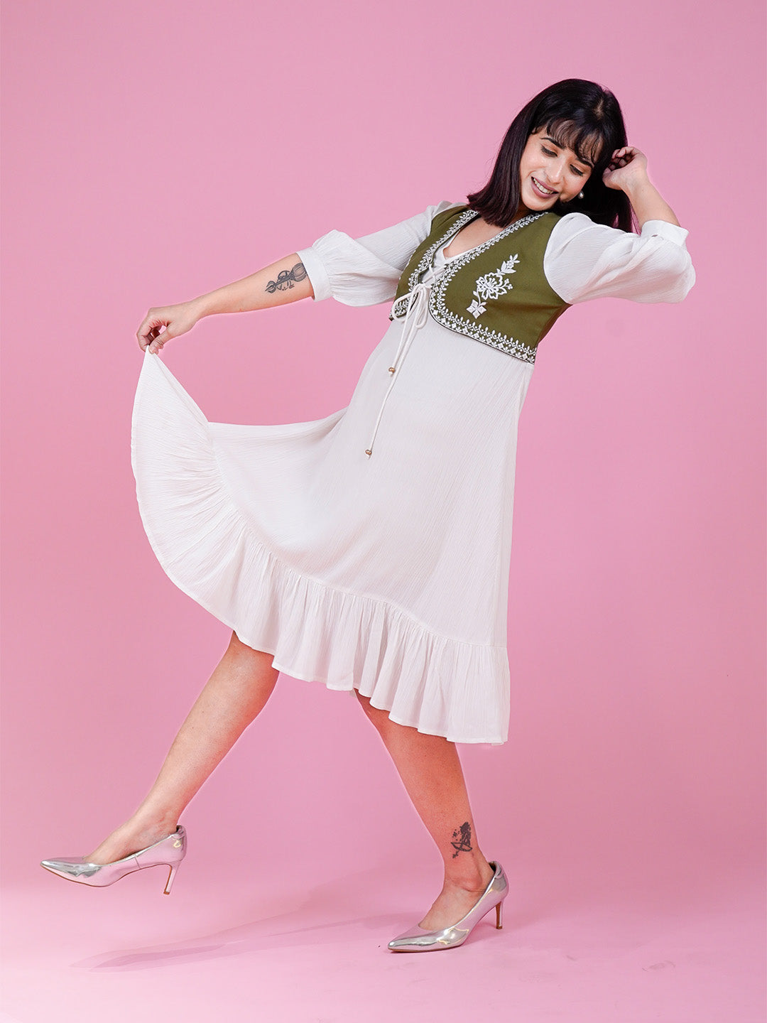 White Embroidered Dress With Denim Jacket