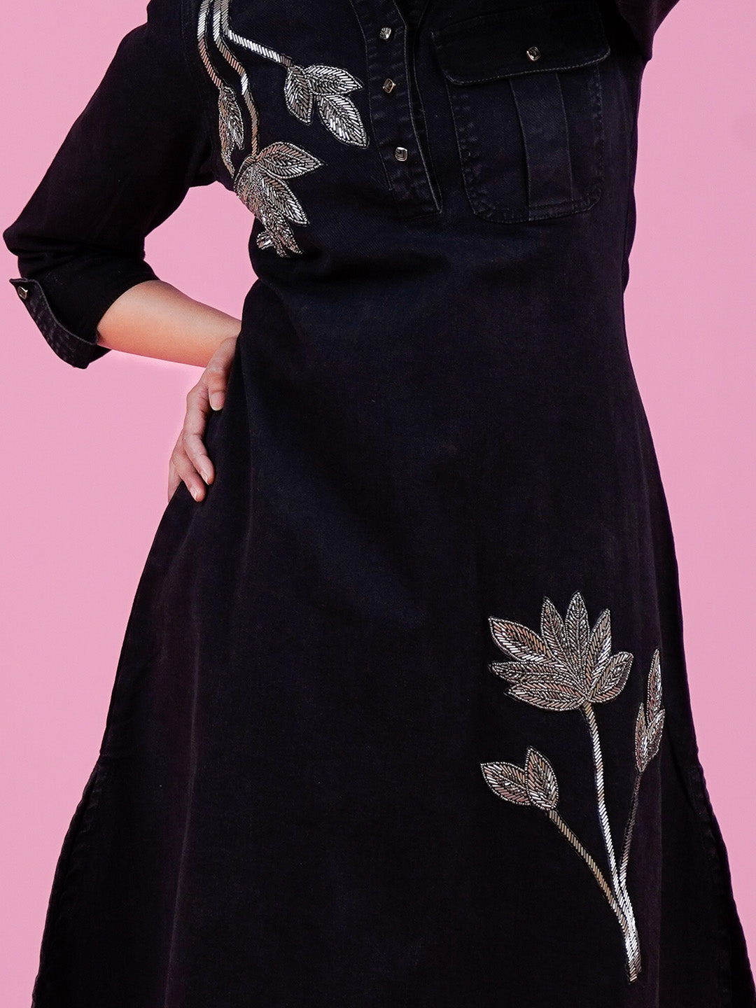 Black Embroidered Denim Midi Dress - Cosmic Trio