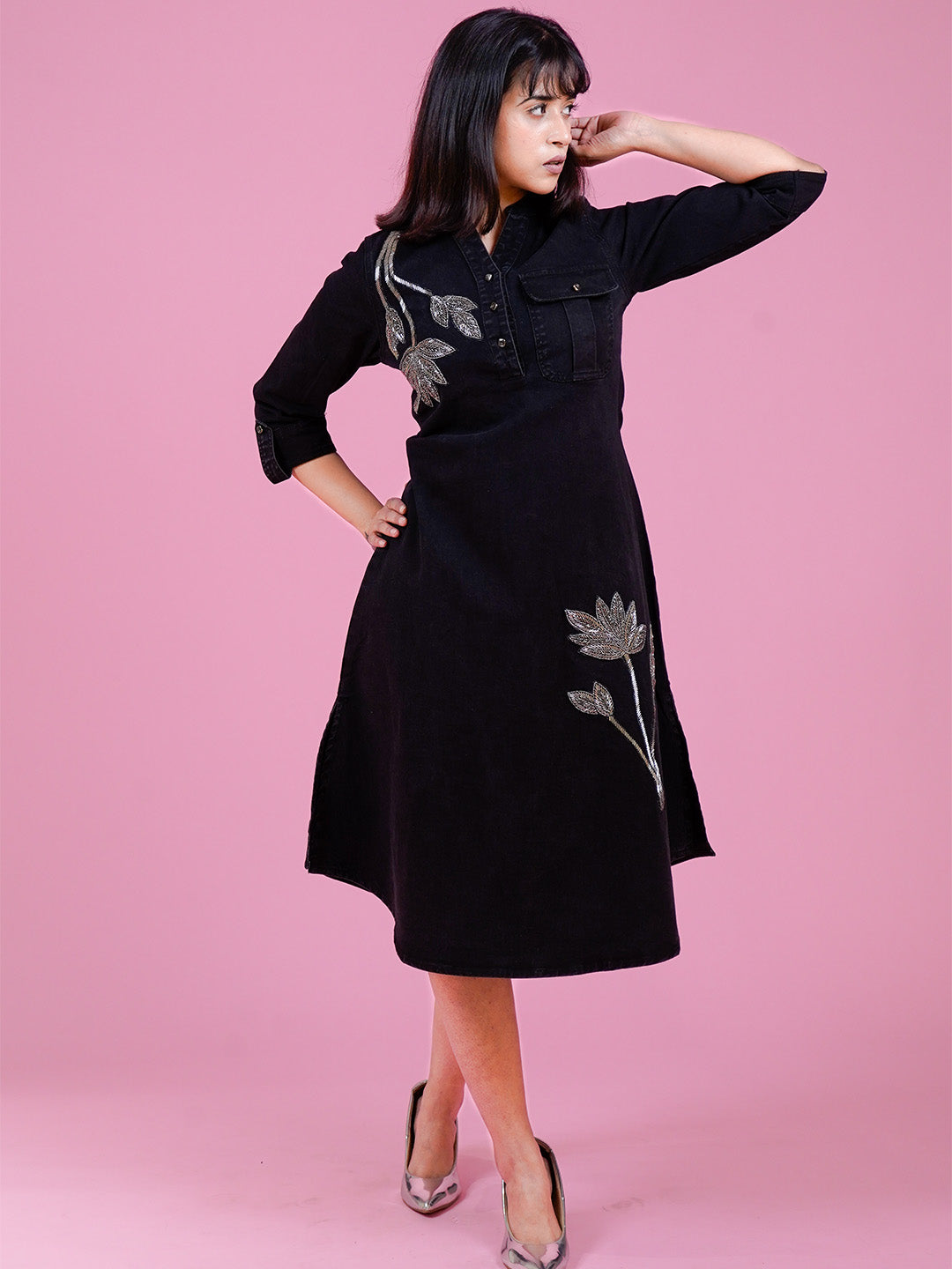 Black Embroidered Denim Midi Dress - Cosmic Trio