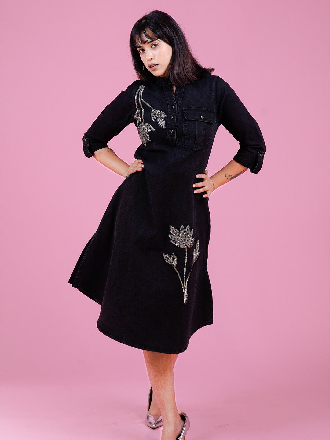 Black Embroidered Denim Midi Dress - Cosmic Trio