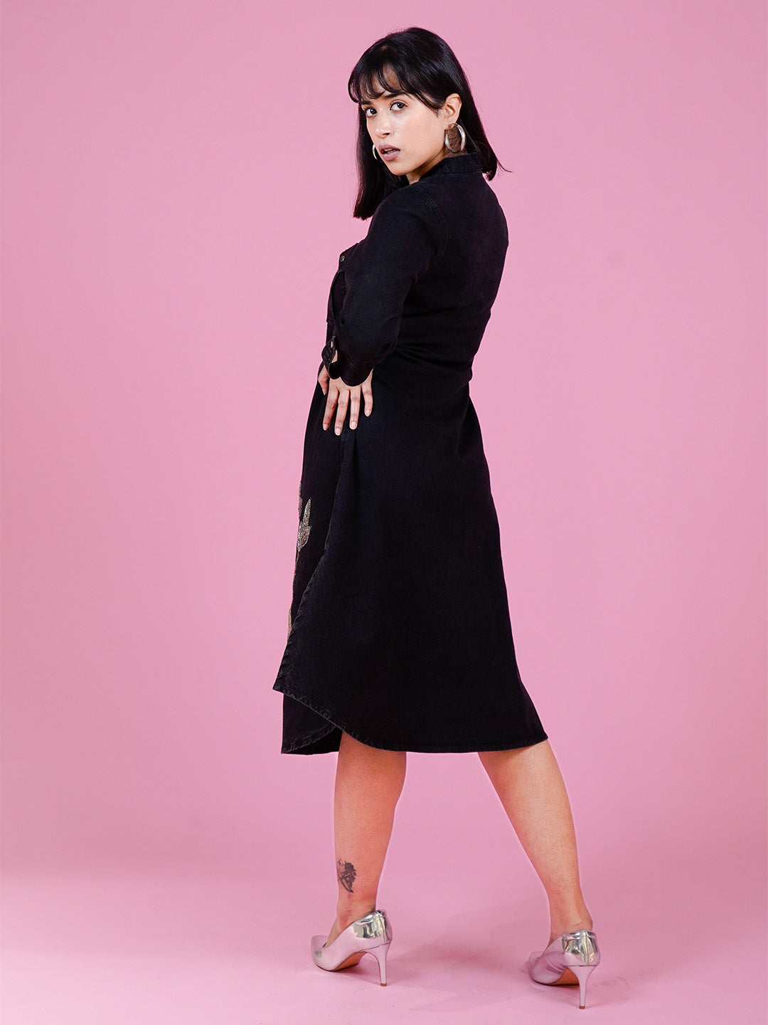 Black Embroidered Denim Midi Dress - Cosmic Trio