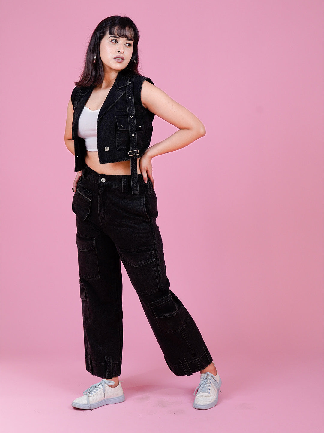 Trendy Black Denim Co-Ord Set - Cosmic Trio