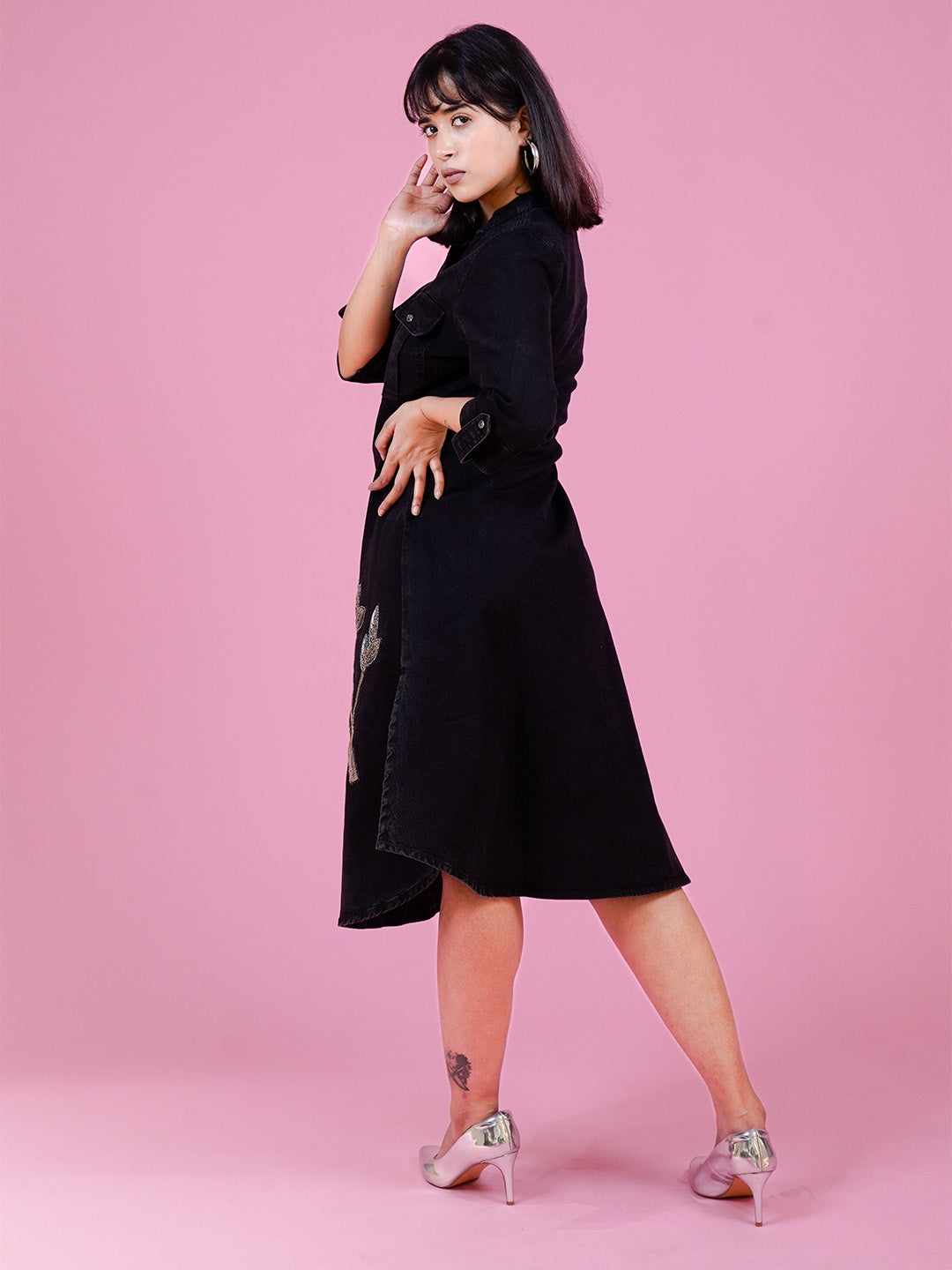 Black Embroidered Denim Midi Dress - Cosmic Trio
