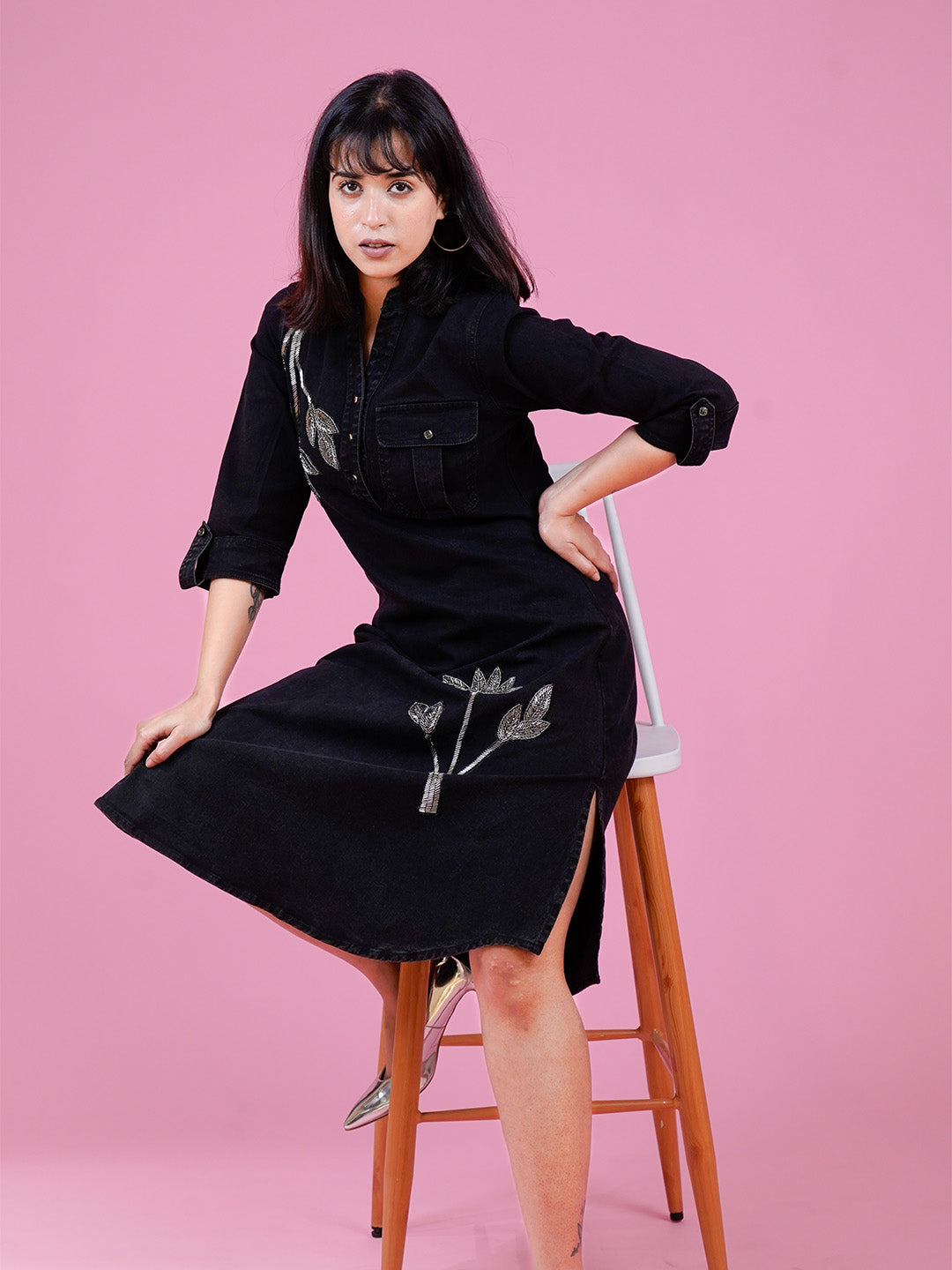 Black Embroidered Denim Midi Dress - Cosmic Trio