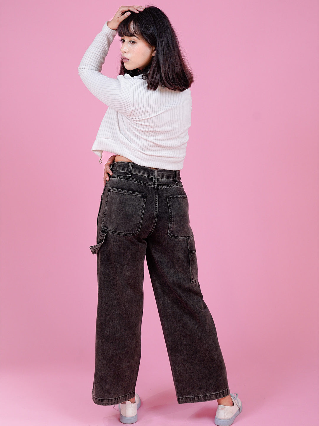 Women's High-Waist Black Denim Cargo Jeans with Utility Pocket - Cosmic Trio