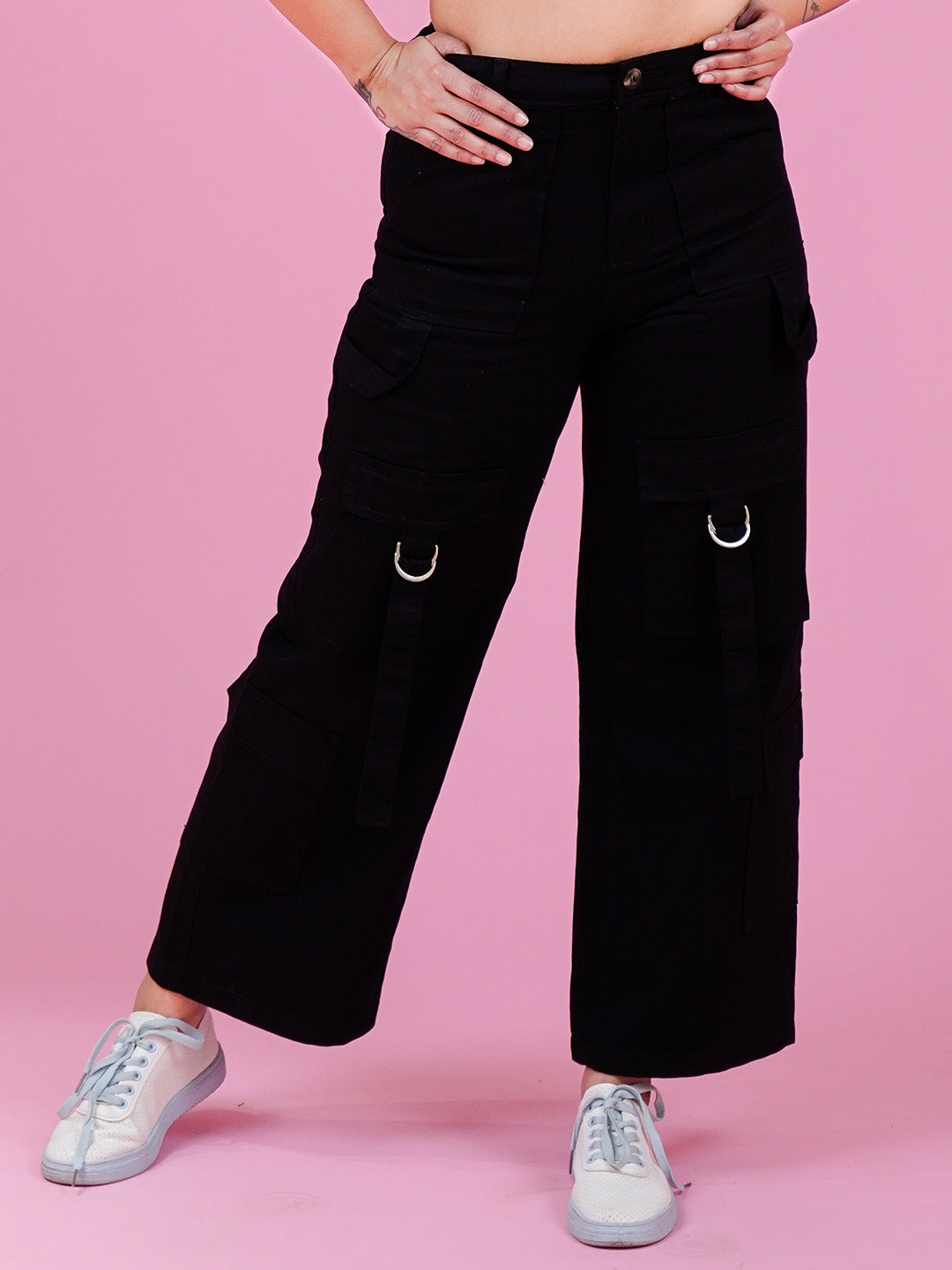 Black Loose Fit 6-Pocket Cargo Pants - Cosmic Trio