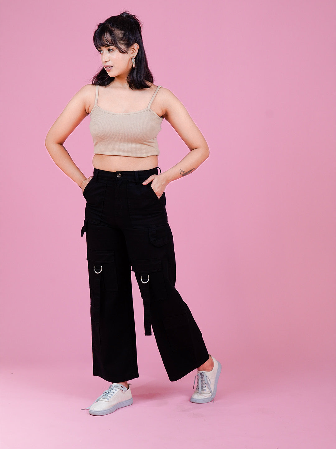 Black Loose Fit 6-Pocket Cargo Pants - Cosmic Trio