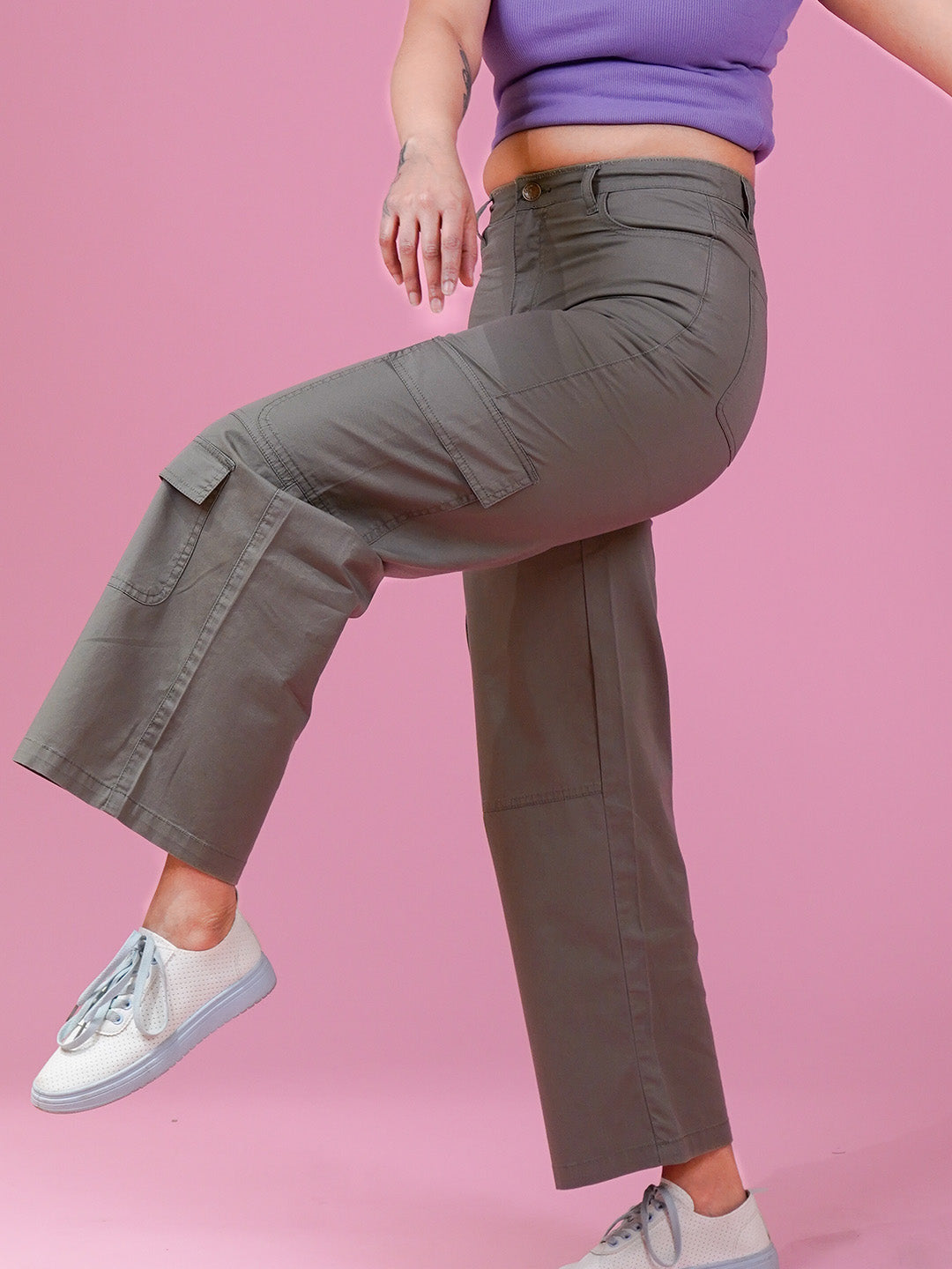 Olive Cotton Loose Fit Cargo Jeans – 8 Pocket Party Style