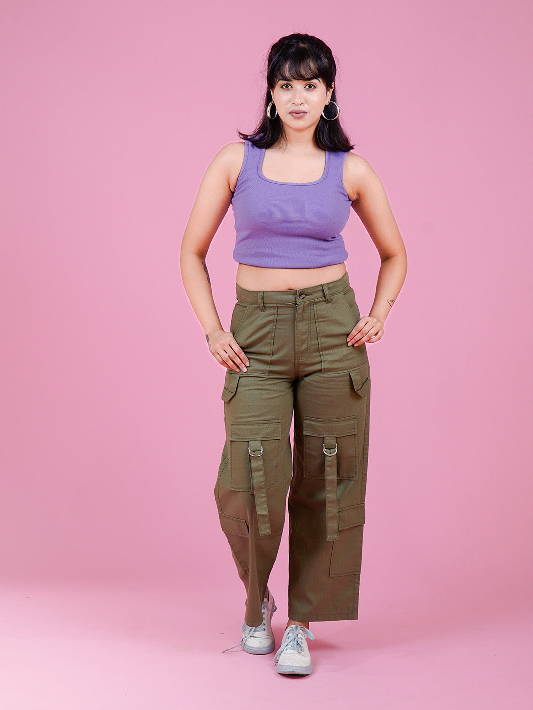 Women's Loose Fit Cargo Pants – Olive Green - Cosmic Trio