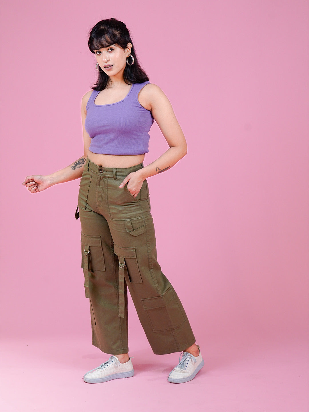 Women's Loose Fit Cargo Pants – Olive Green - Cosmic Trio