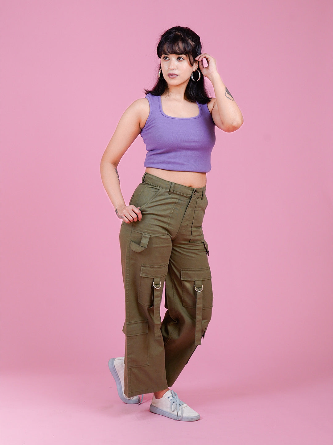 Women's Loose Fit Cargo Pants – Olive Green - Cosmic Trio
