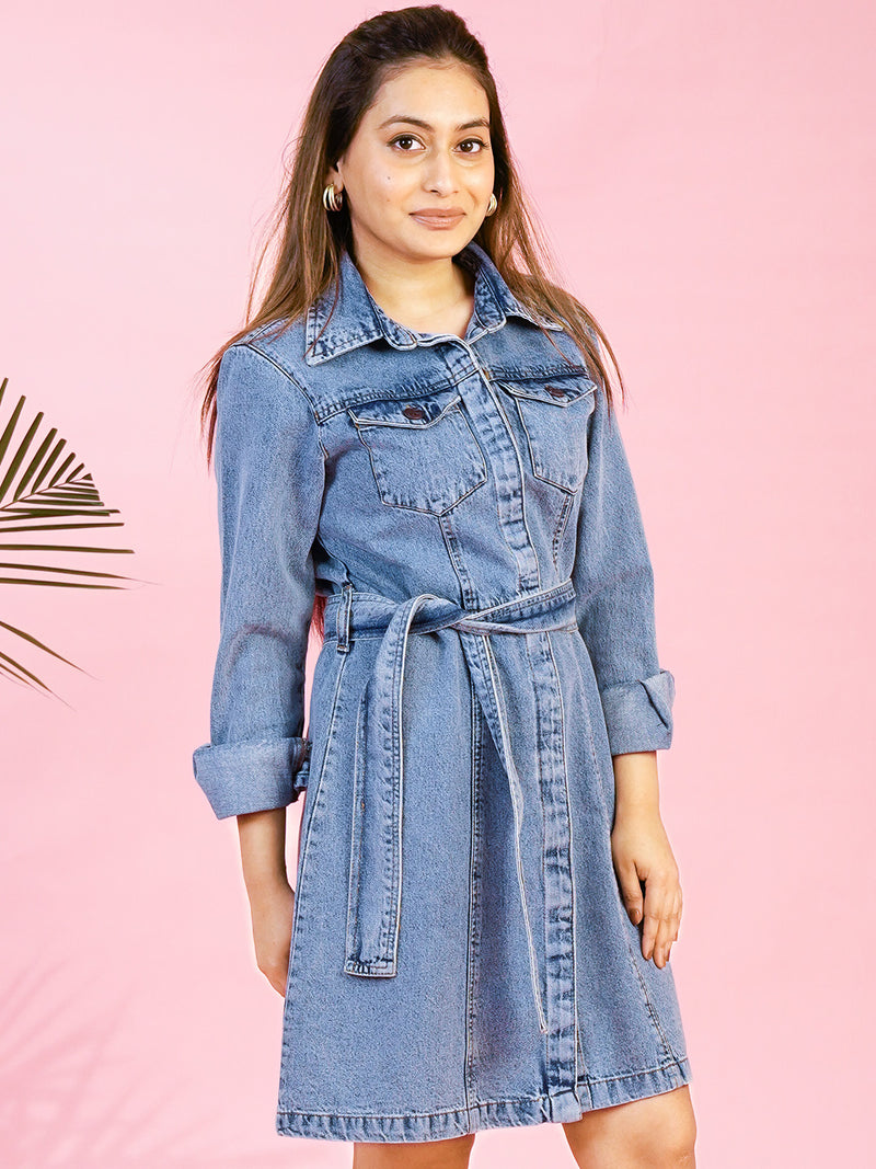 Mid Blue Short Denim Dress with Flap Pockets - Cosmic Trio