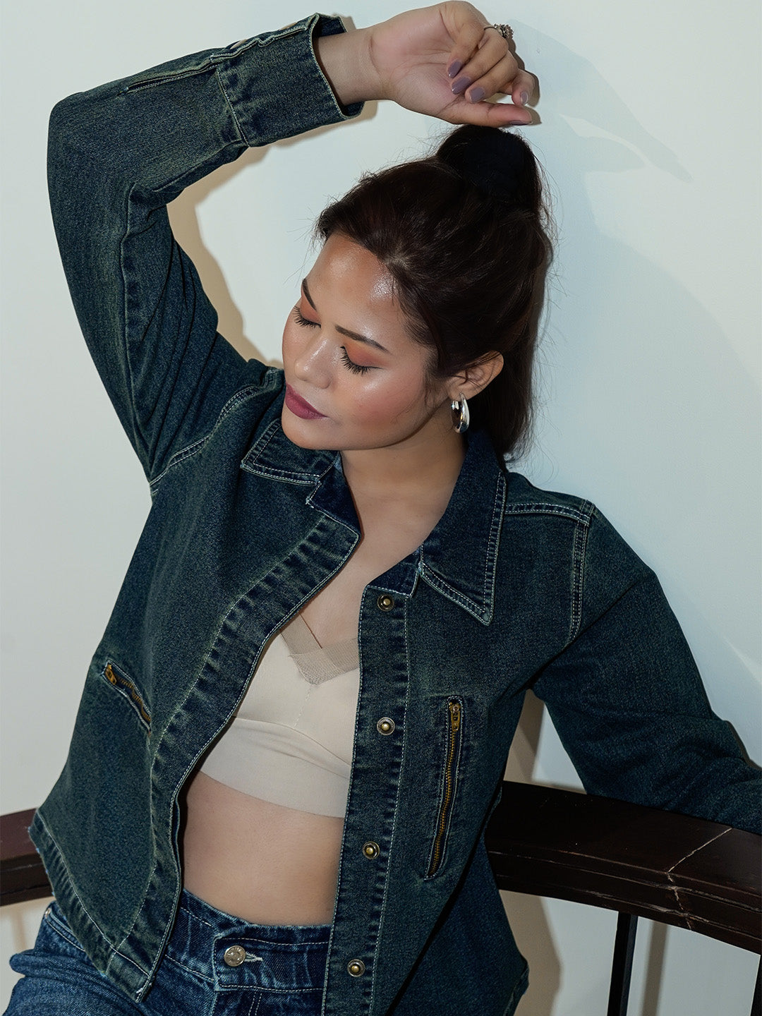 Green Tint Denim Jacket with Zipper Pocket – Stylish Collared Design & Long Sleeves - Cosmic Trio