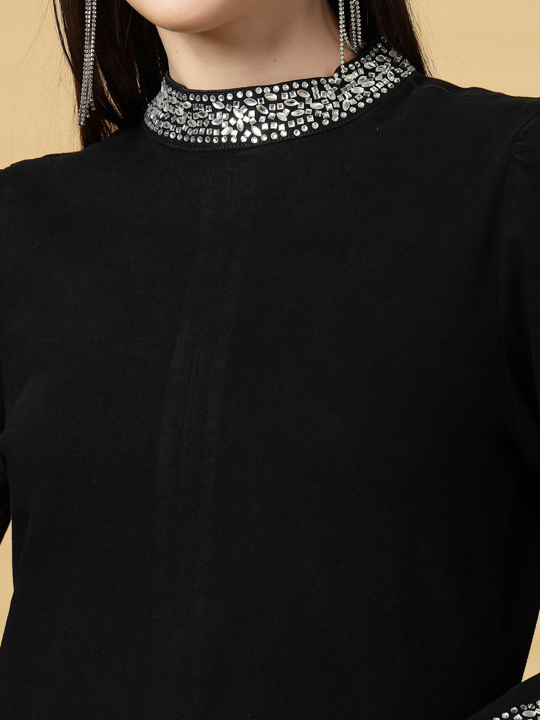 Women Black Swarovski Embellished Fitted Dress – Full Sleeve Party Wear