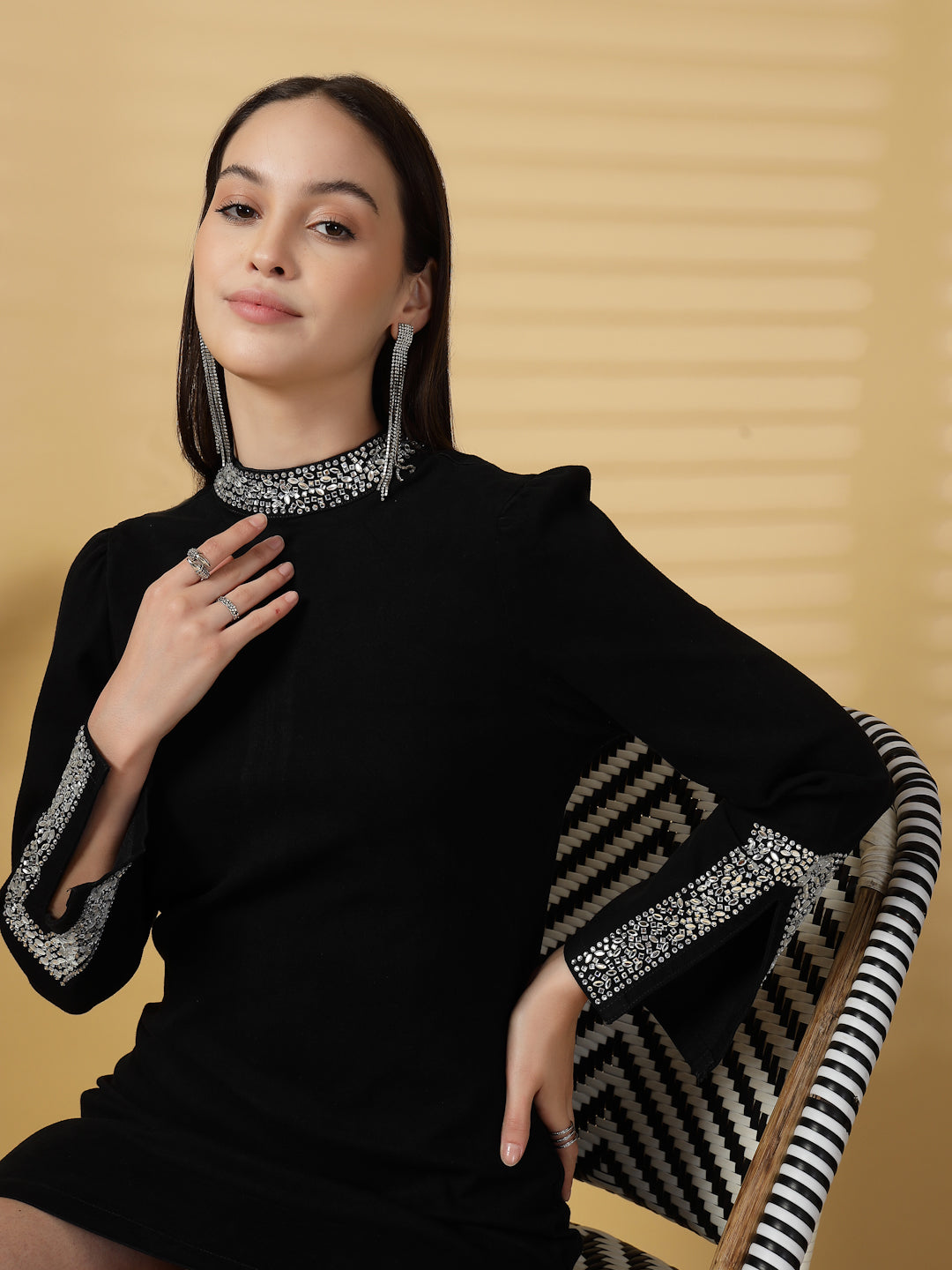 Women Black Swarovski Embellished Fitted Dress – Full Sleeve Party Wear