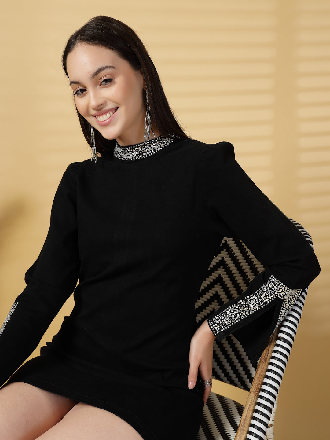 Sleek Hot-Fit Denim Dress with Embellished Charm