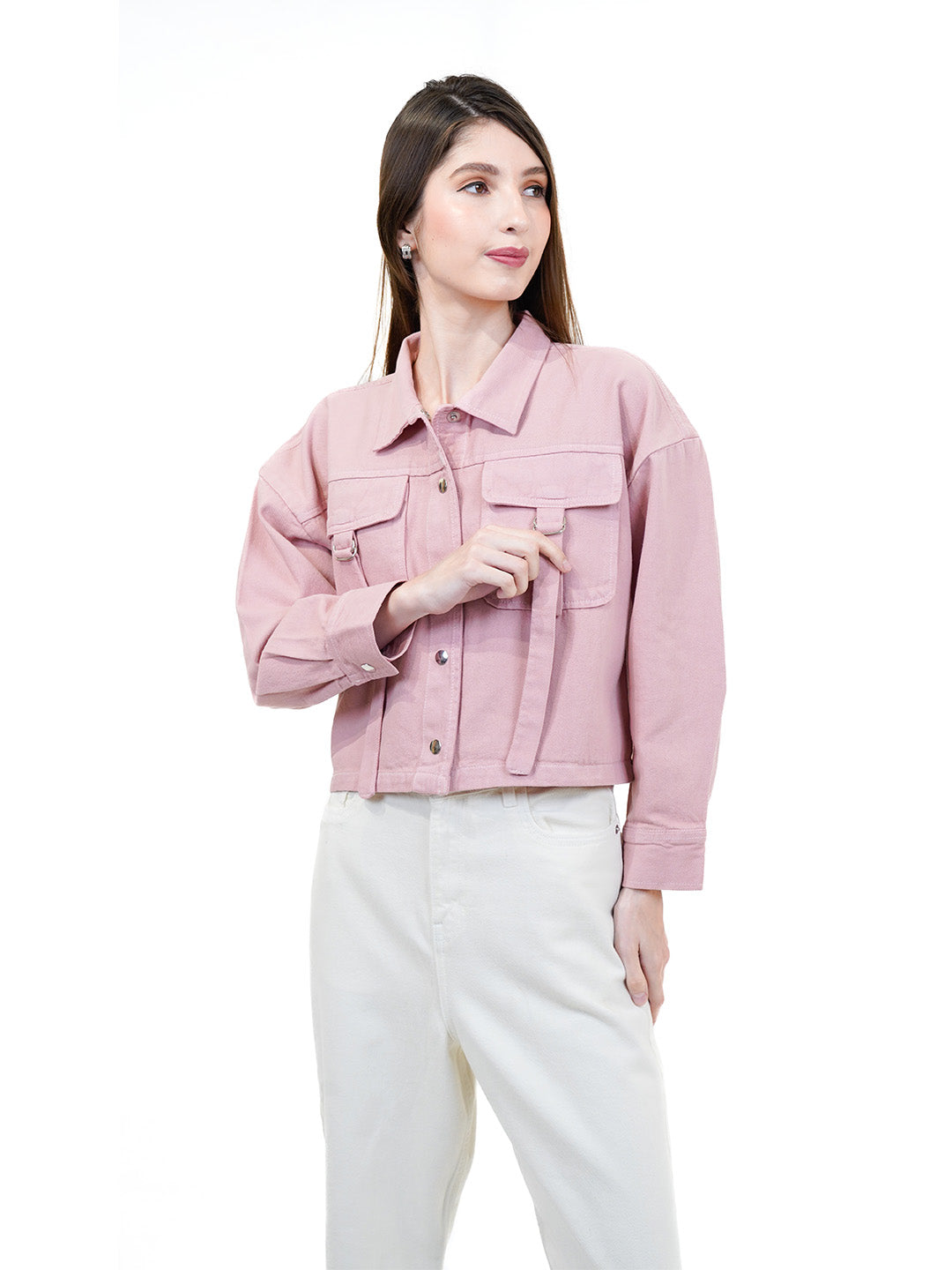 Light Pink Denim Jacket With Front Pocket - Cosmic Trio