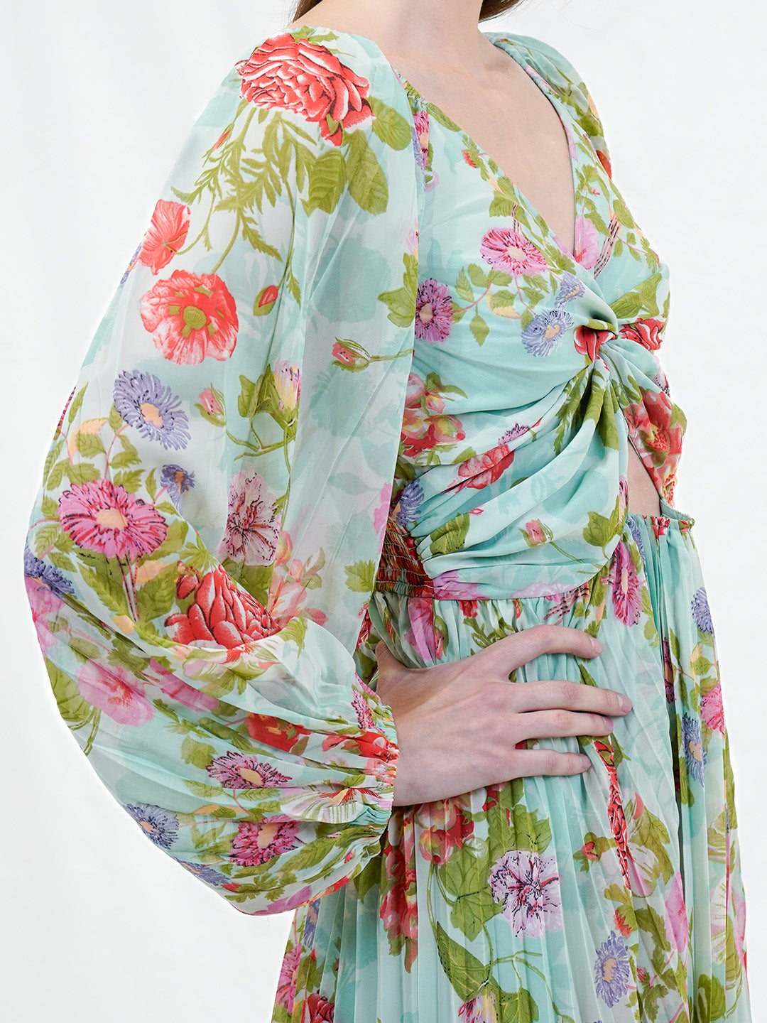 Floral Print Sea Green Long Dress - Cosmic Trio