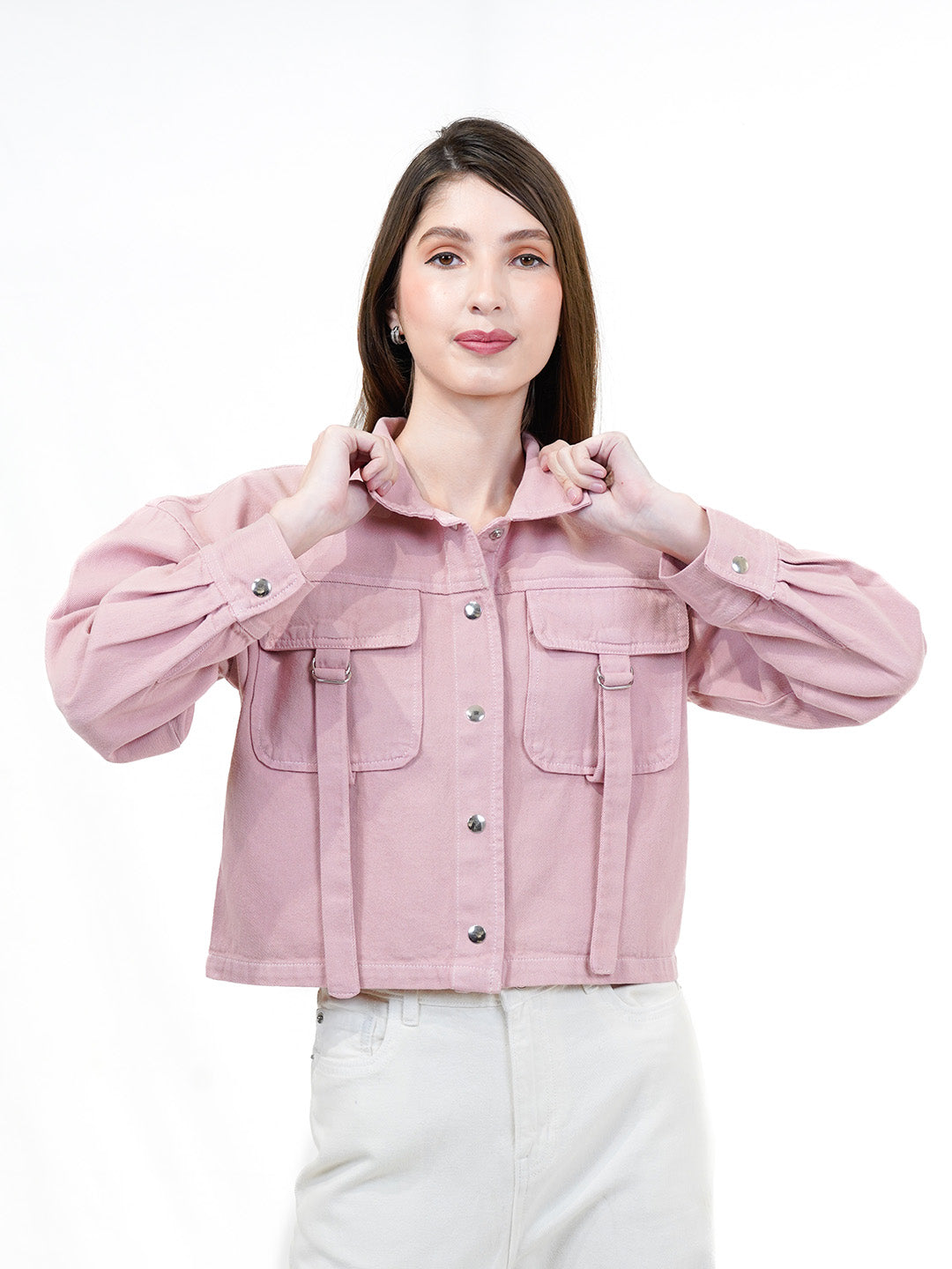 Light Pink Denim Jacket With Front Pocket - Cosmic Trio
