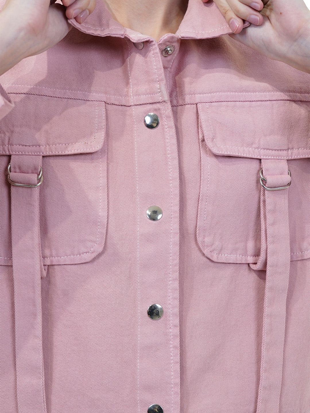 Light Pink Denim Jacket With Front Pocket - Cosmic Trio