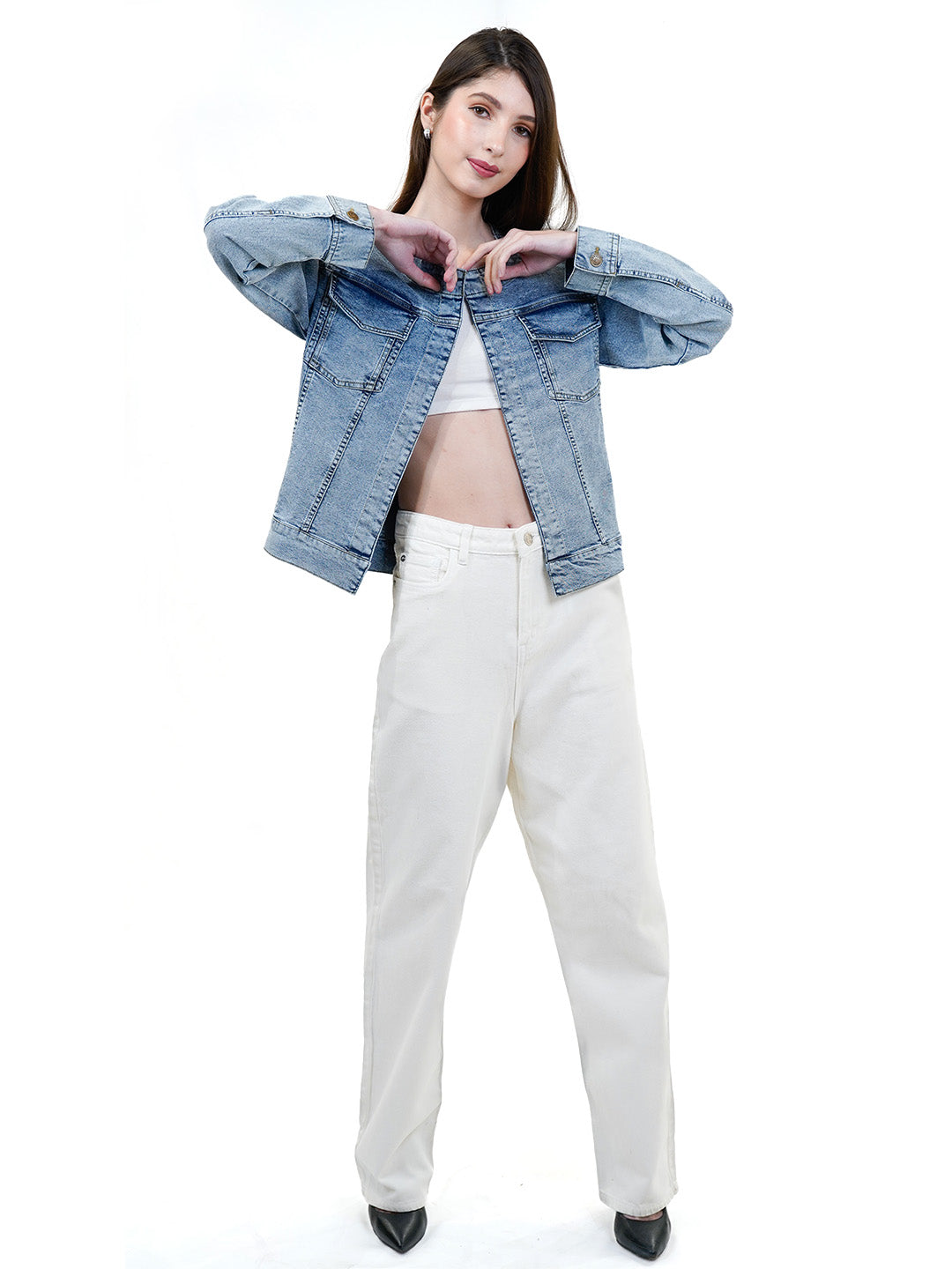 Round Neck Ombre Wash Denim Jacket - Cosmic Trio