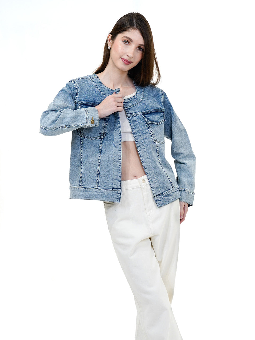 Round Neck Ombre Wash Denim Jacket - Cosmic Trio
