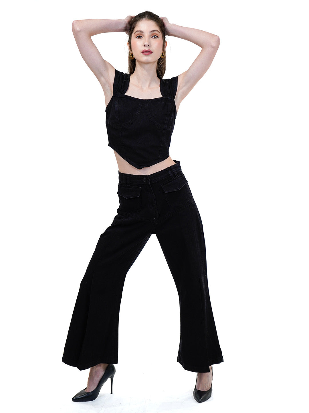 Square Neck Sleeveless Cotton Denim Top With Trouser - Cosmic Trio