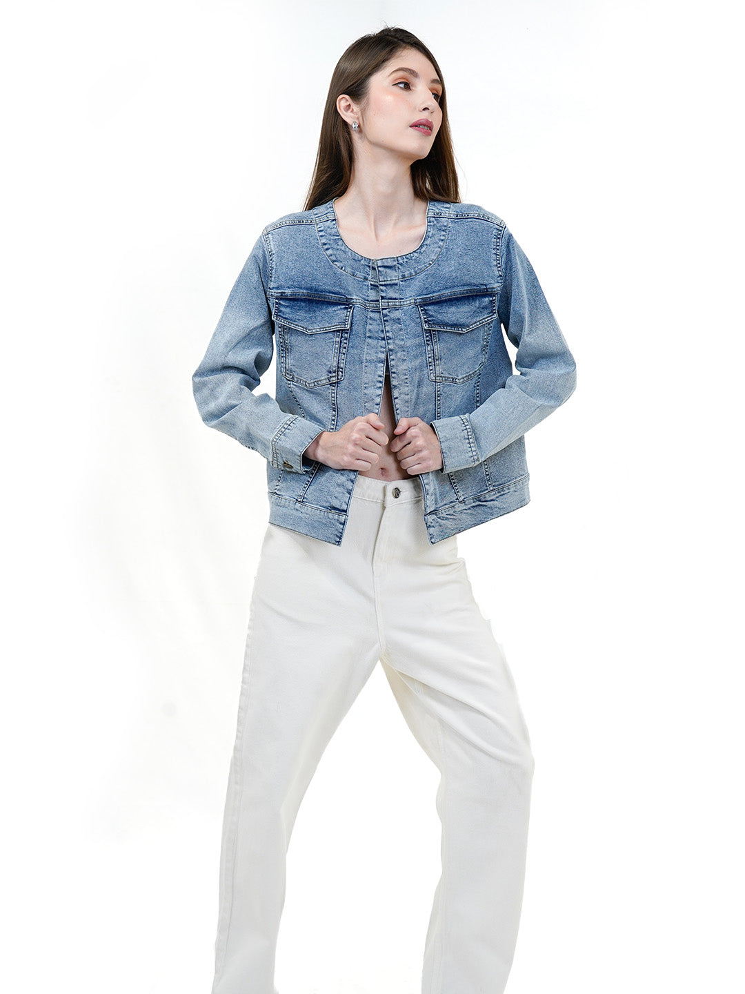 Round Neck Ombre Wash Denim Jacket - Cosmic Trio