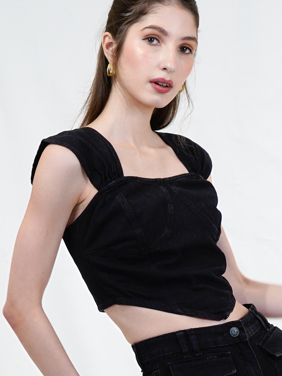 Square Neck Sleeveless Cotton Denim Top With Trouser - Cosmic Trio