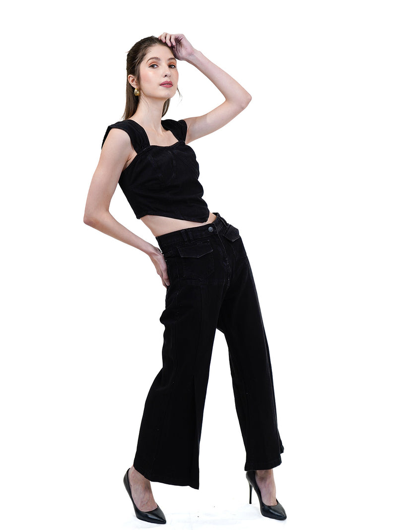 Square Neck Sleeveless Cotton Denim Top With Trouser - Cosmic Trio