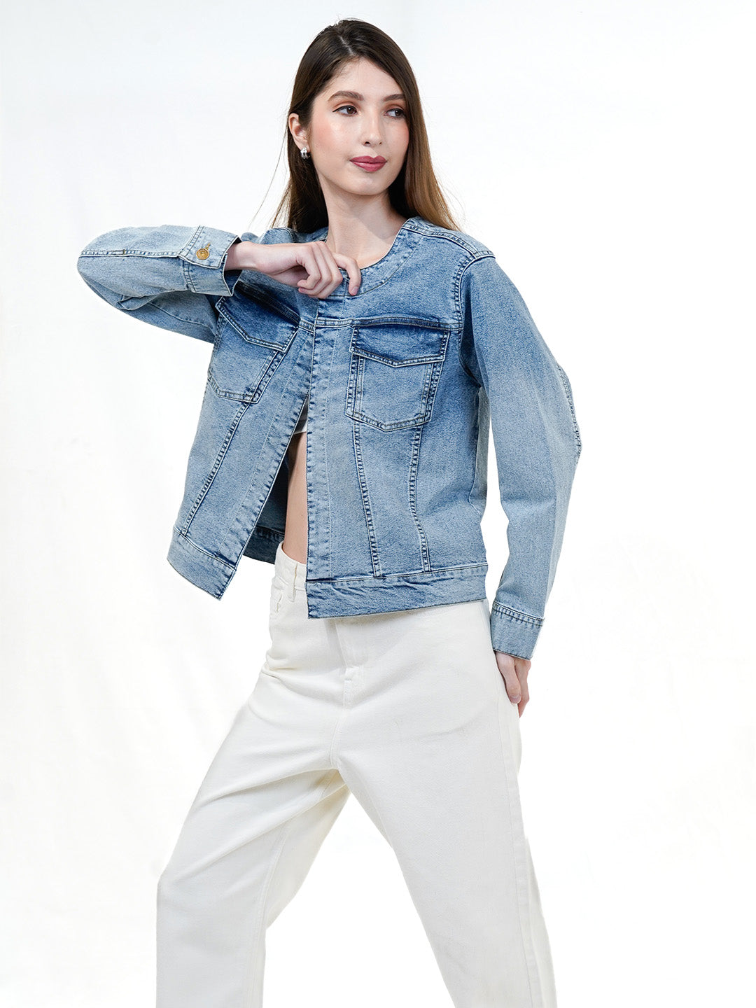 Round Neck Ombre Wash Denim Jacket - Cosmic Trio