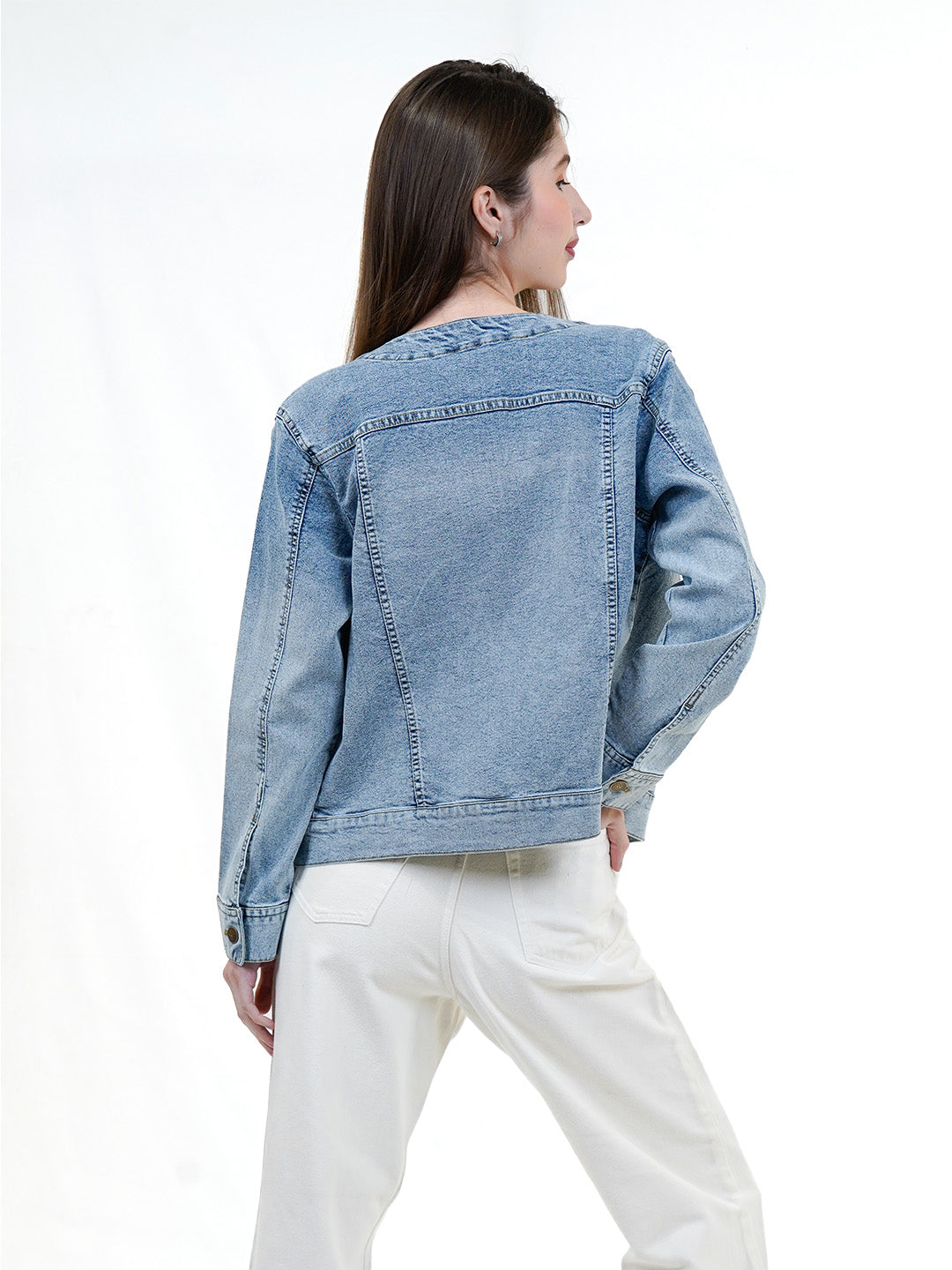 Round Neck Ombre Wash Denim Jacket - Cosmic Trio