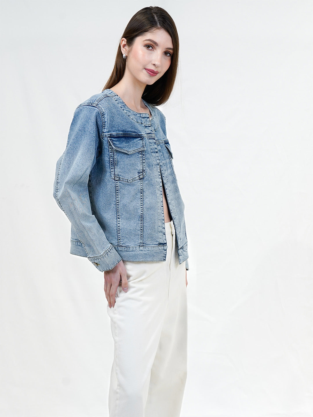Round Neck Ombre Wash Denim Jacket - Cosmic Trio