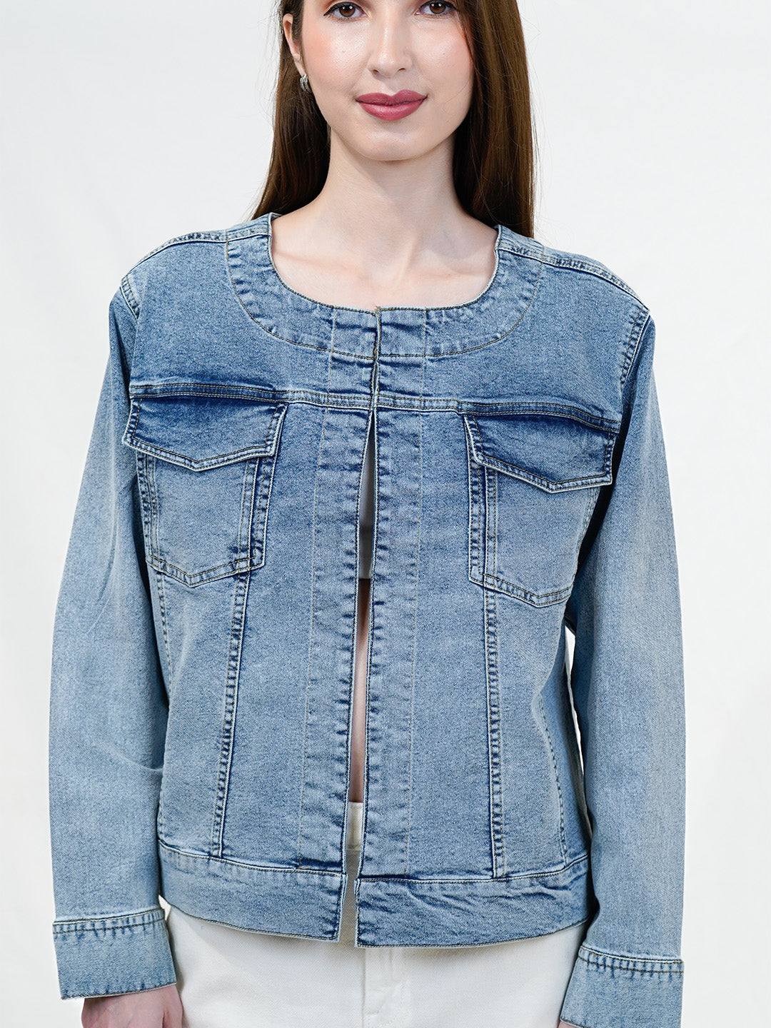 Round Neck Ombre Wash Denim Jacket - Cosmic Trio