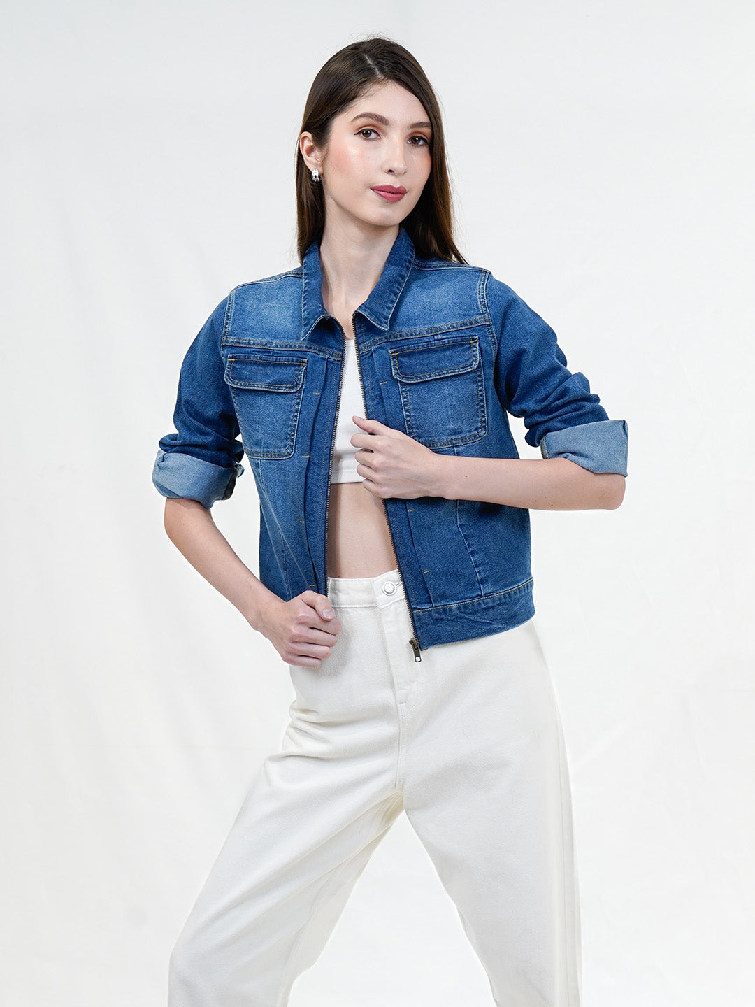 Regular Blue Washed Denim Jacket With Front Zipper - Cosmic Trio