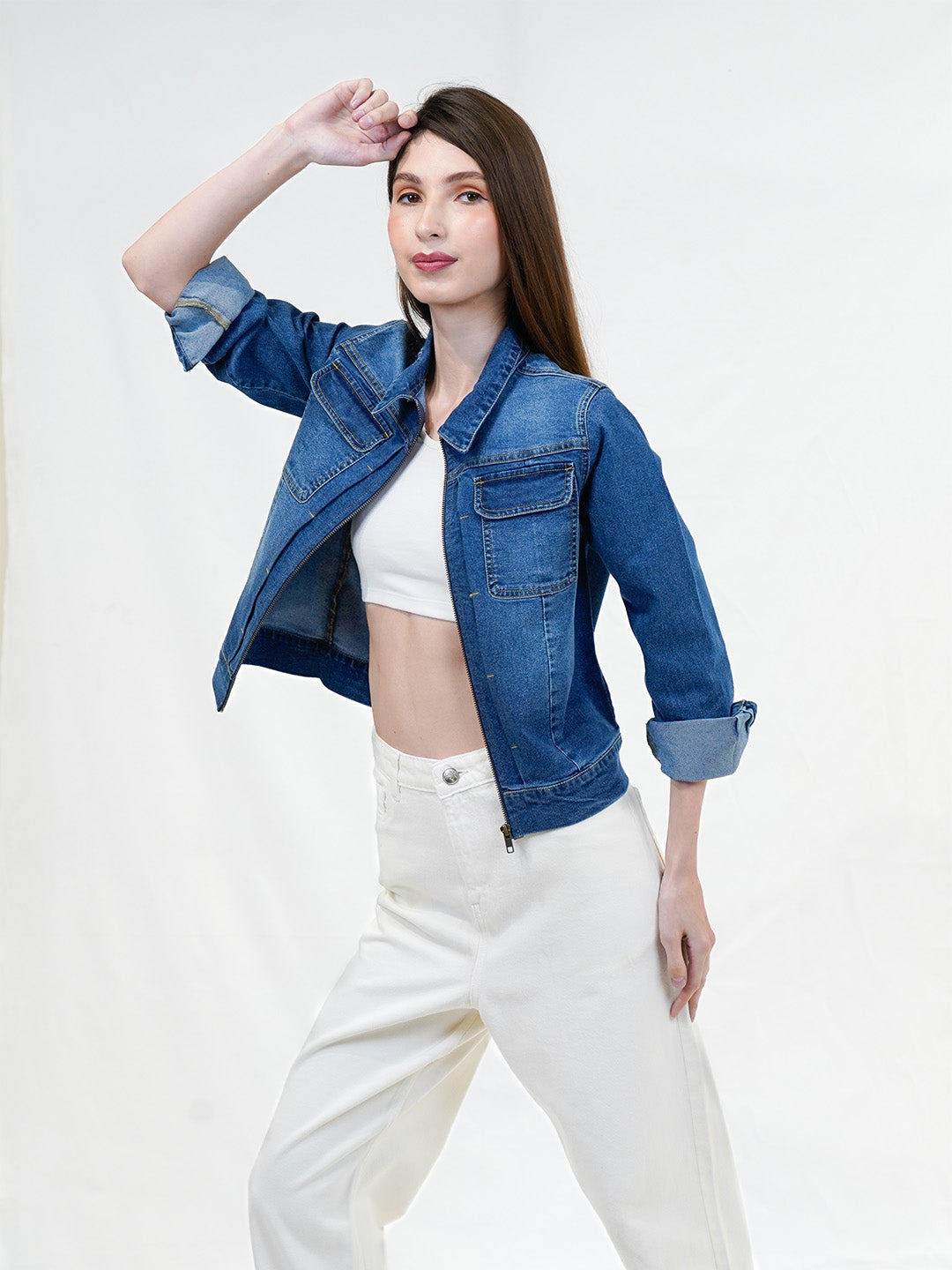 Regular Blue Washed Denim Jacket With Front Zipper - Cosmic Trio