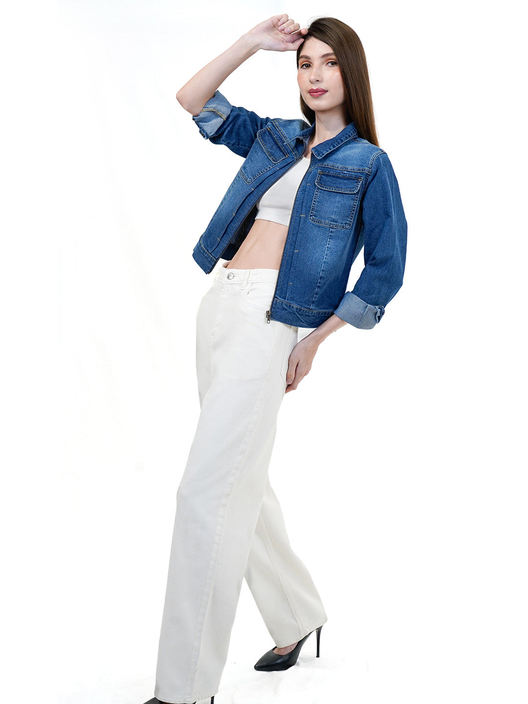 Regular Blue Washed Denim Jacket With Front Zipper - Cosmic Trio