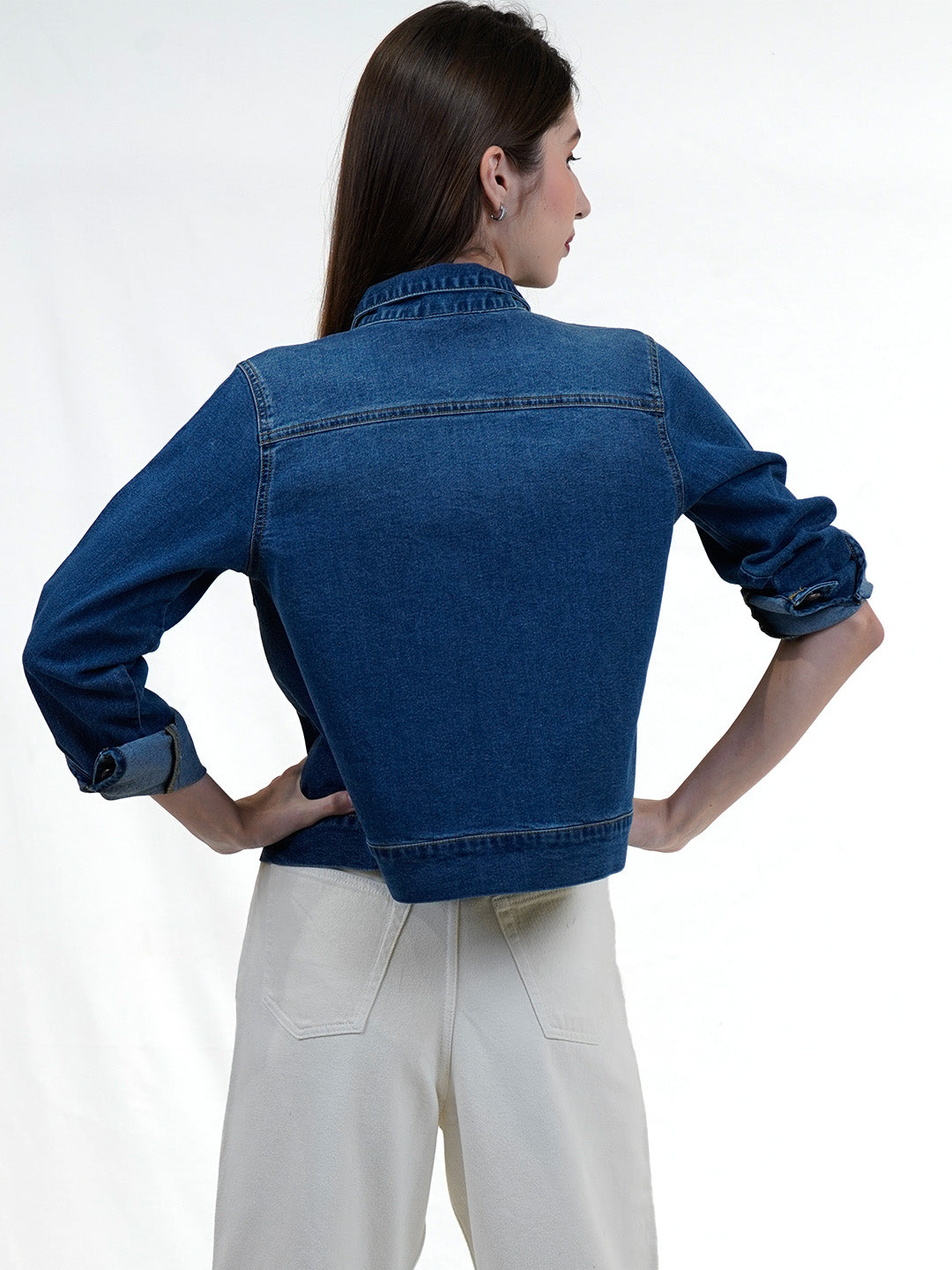 Regular Blue Washed Denim Jacket With Front Zipper - Cosmic Trio