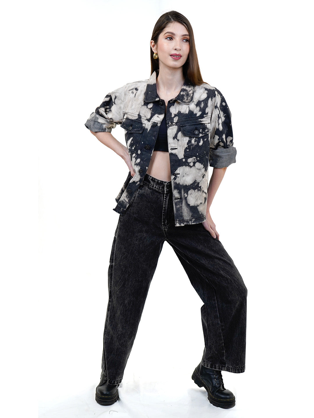 Black Tie Dye Denim Collared Jacket - Cosmic Trio