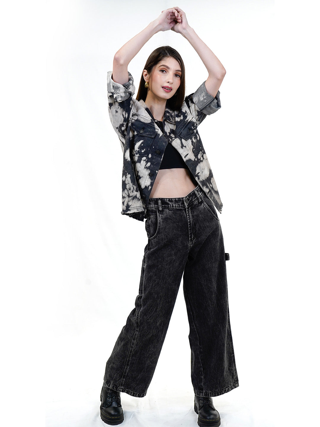 Black Tie Dye Denim Collared Jacket - Cosmic Trio