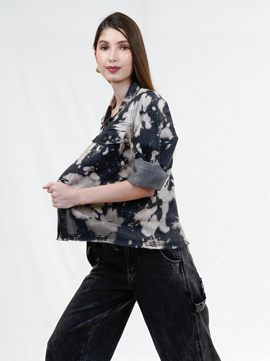 Black Tie Dye Denim Collared Jacket - Cosmic Trio