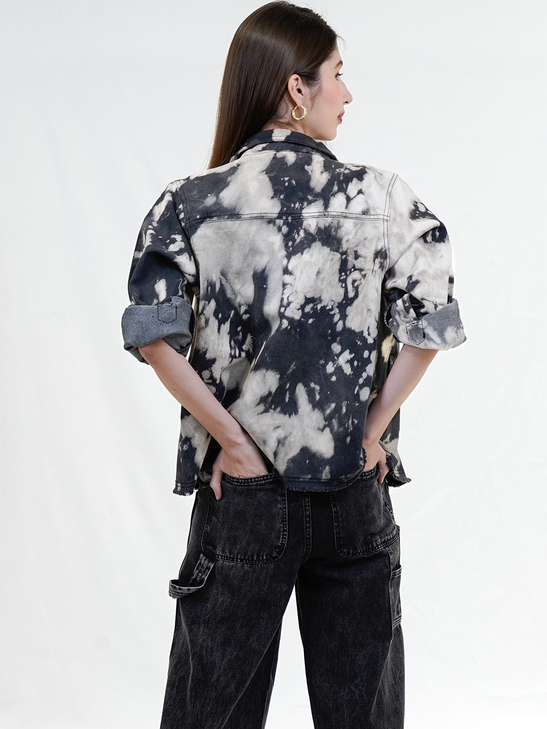 Black Tie Dye Denim Collared Jacket - Cosmic Trio