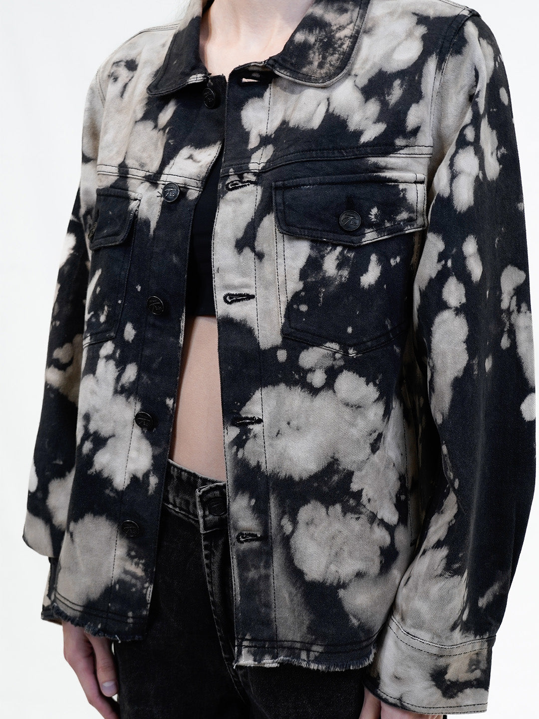 Black Tie Dye Denim Collared Jacket - Cosmic Trio