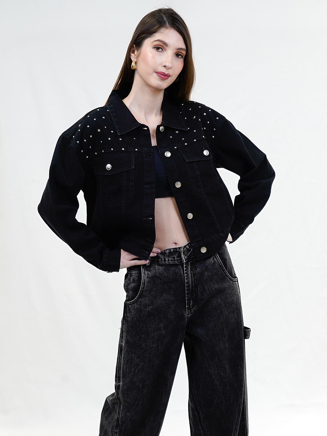 Black Denim Studded Trucker Jacket - Cosmic Trio