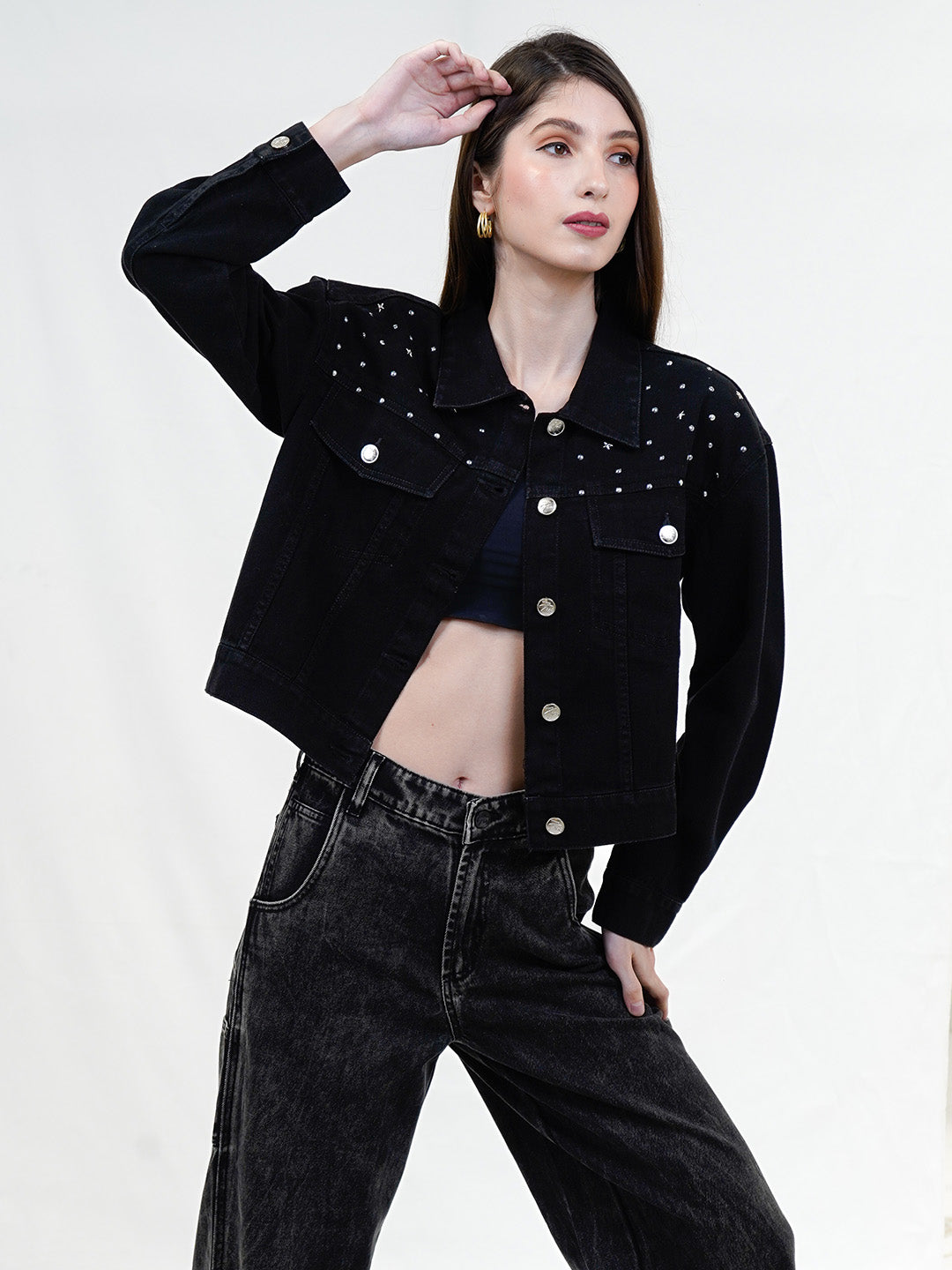 Black Denim Studded Trucker Jacket - Cosmic Trio