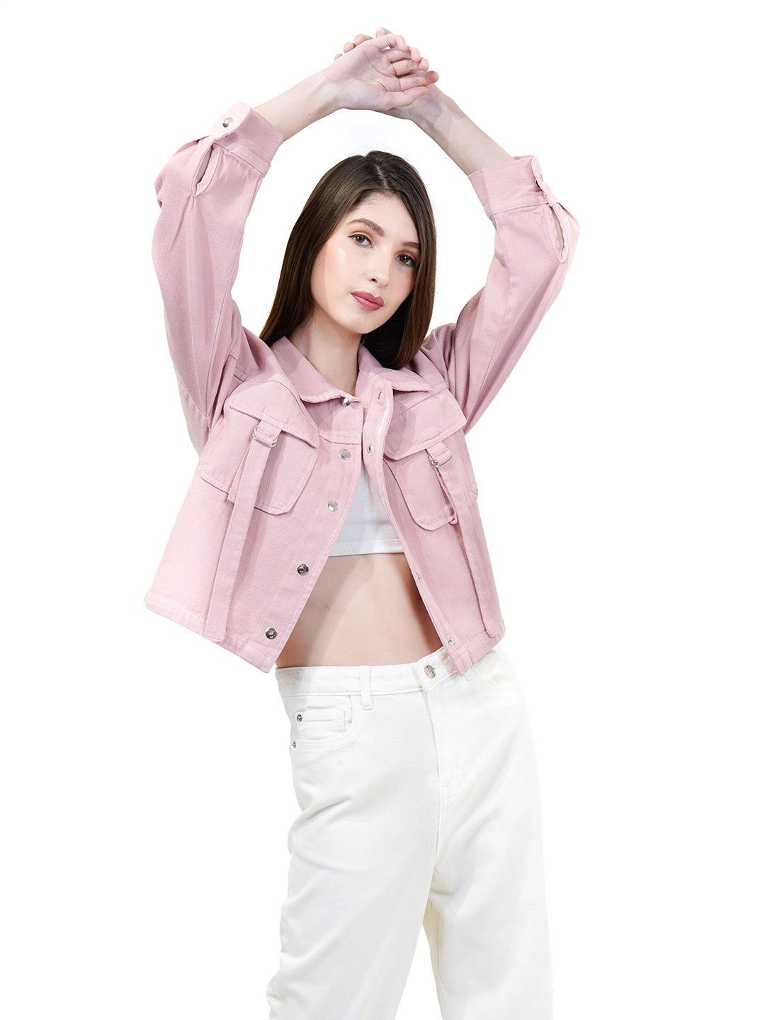 Light Pink Denim Jacket With Front Pocket - Cosmic Trio