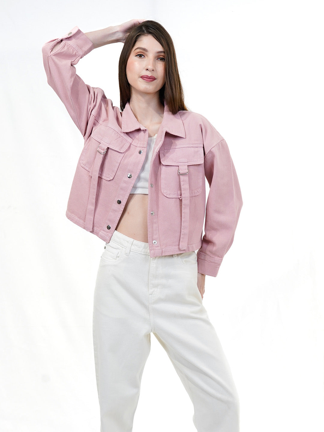 Light Pink Denim Jacket With Front Pocket - Cosmic Trio