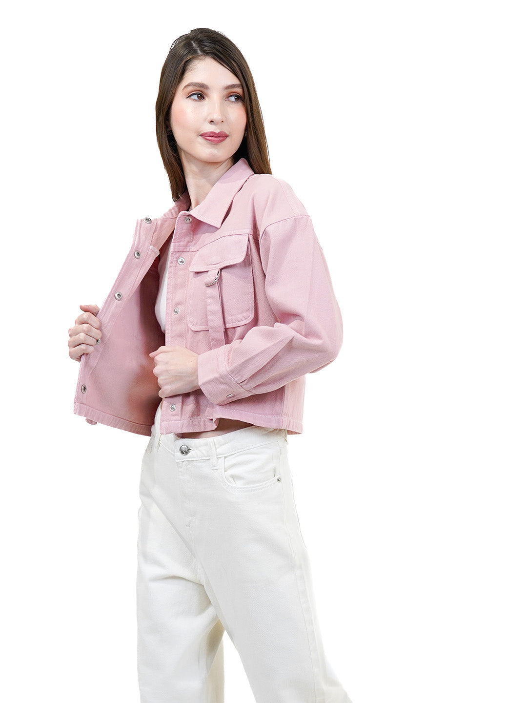 Light Pink Denim Jacket With Front Pocket - Cosmic Trio