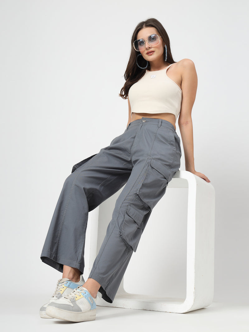 Grey Cotton Loose Fit Cargo Pants Women