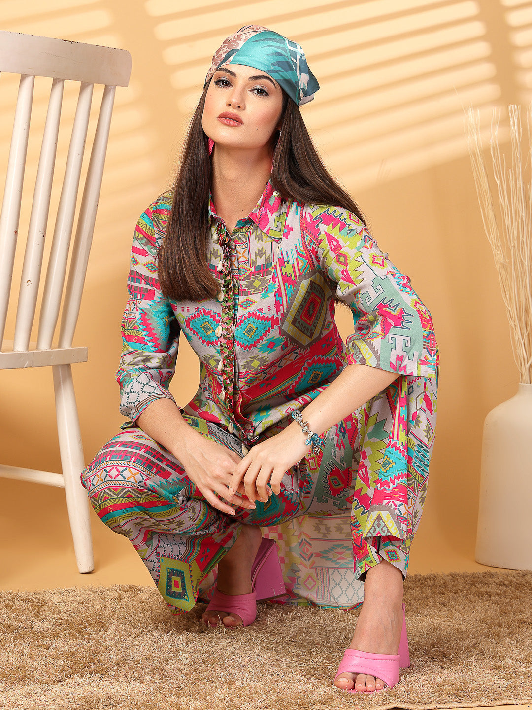 High Low Printed Co-Ord Set With Hand Work Embroidery - Cosmic Trio